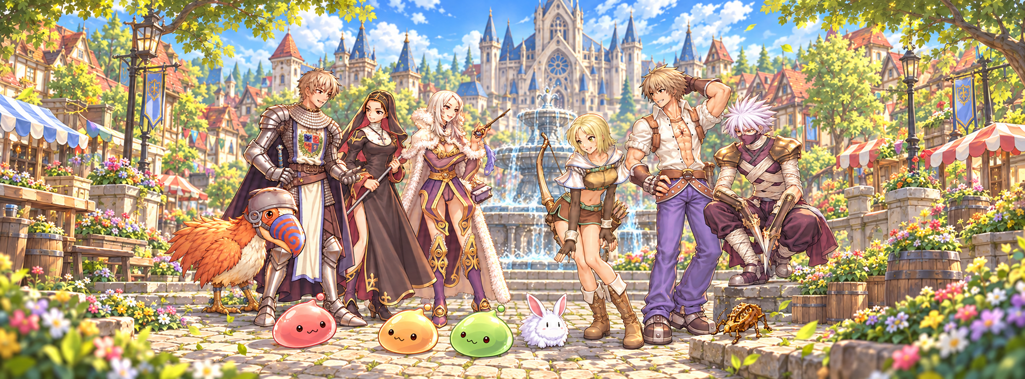 Ragnarok adventurers and friendly monsters gathered around Prontera's fountain